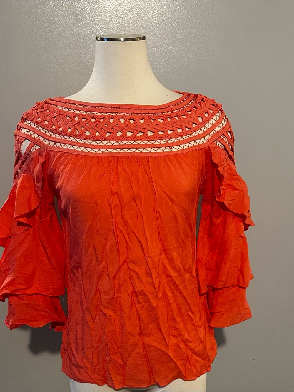 Esley Coral Crochet Yoke Ruffle Sleeve Blouse